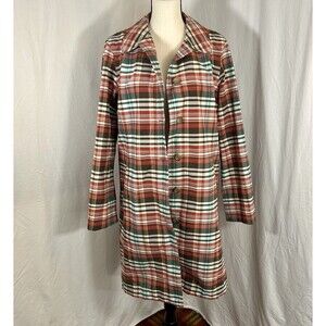 Lands' End Retro Plaid Rain Coat Size M Brown Blue Red Tartan Button Front Lined